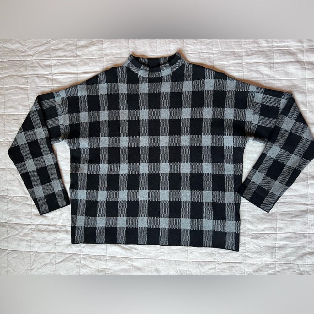 Contemporaine Black & Grey Plaid Soft Cozy Viscose Blend Mock Neck Sweater-Large